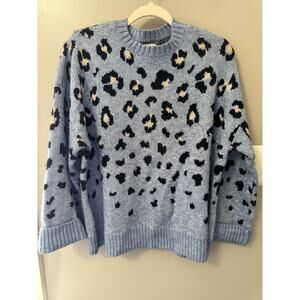 Nine West Animal Print Sweater, Crew Neck, Light Blue, Sz Large